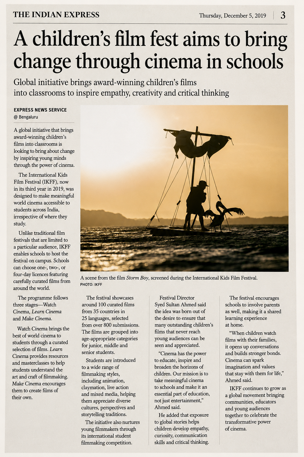 The Indian Express page on a children's film fest bringing change through cinema, 5 December 2019