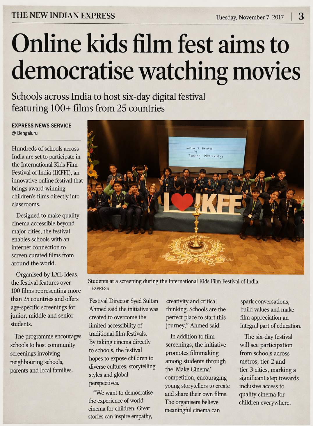 The New Indian Express page on the online kids film festival, 7 November 2017