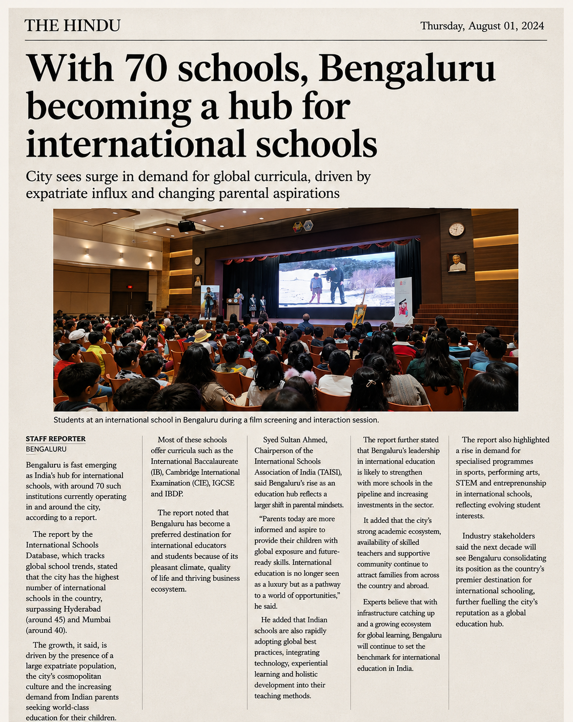 The Hindu page on Bengaluru becoming a hub for international schools, 1 August 2024
