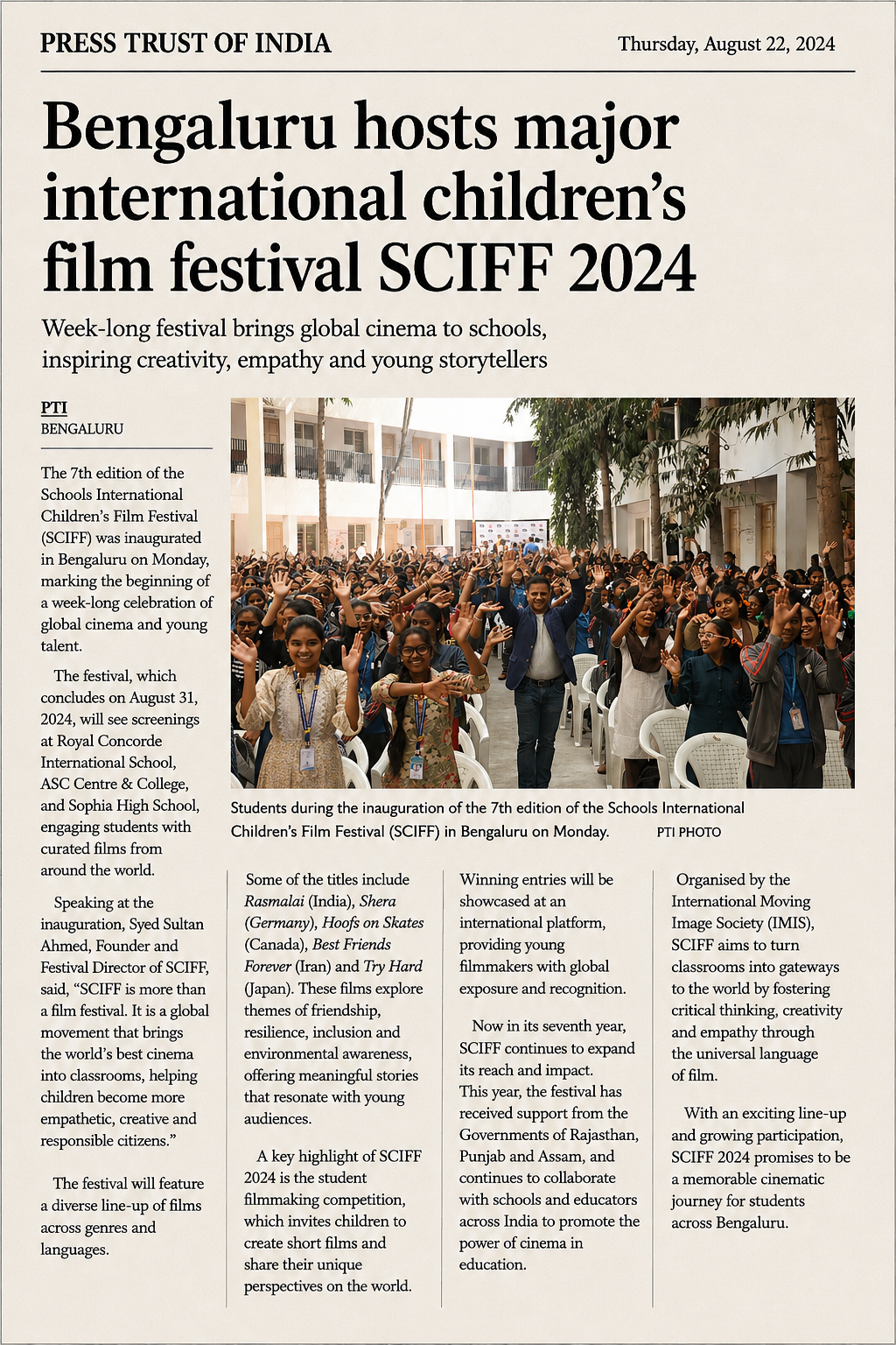 Press Trust of India page on Bengaluru hosting SCIFF 2024, 22 August 2024